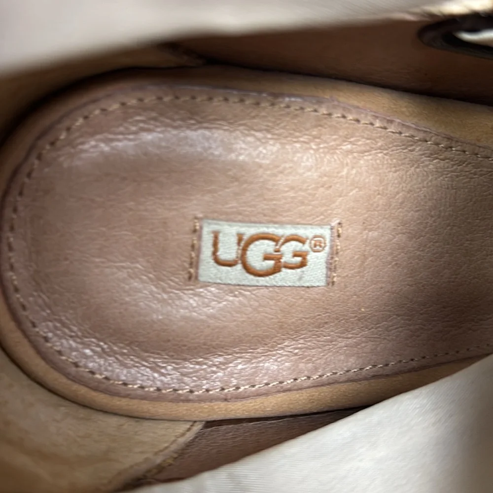 UGG Jules Espadrille Wedge Sandal Size 9.5 Leather Heel Cap Feminine Cream Bow - Picture 9 of 10